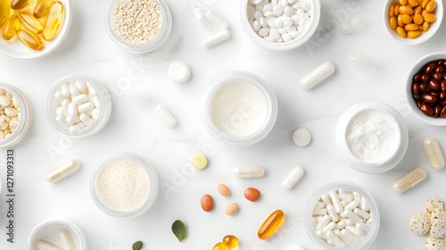 Assorted dietary supplements displayed on a white background with various containers and capsules organized neatly