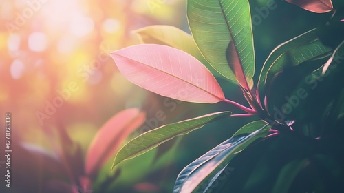 Pink and green leaves backlit by sunlight.