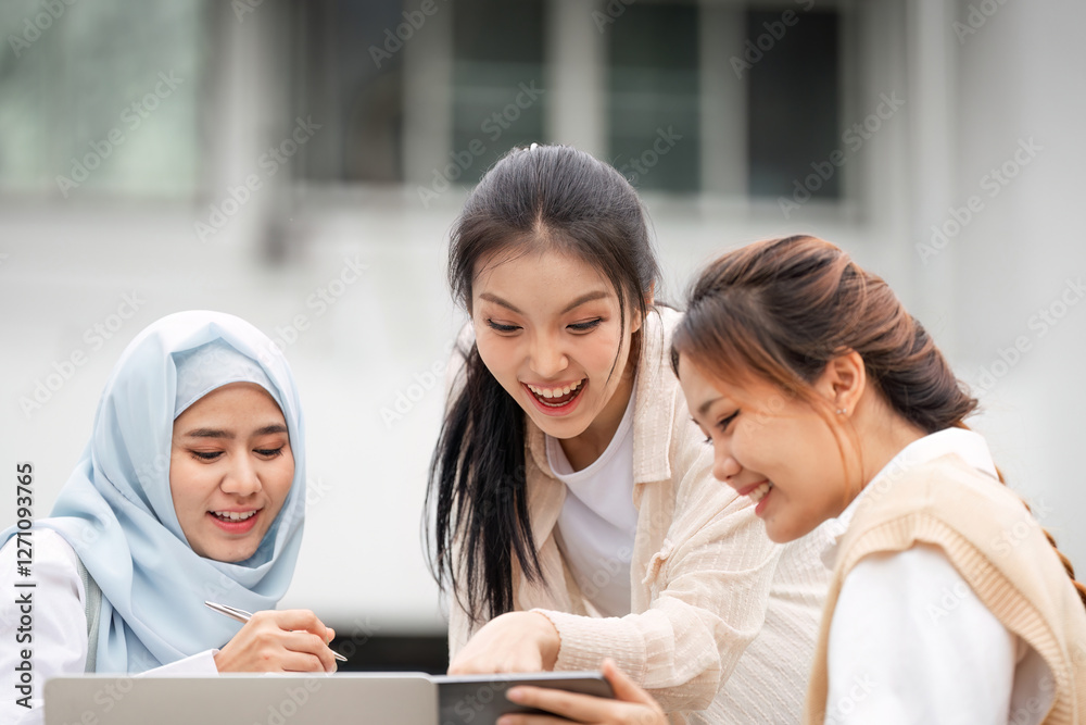 Diverse group of female students collaborating on a laptop outdoors. Diverse group of female students collaborating on a laptop outdoors.