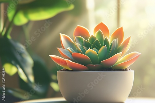 Colorful succulent in a white pot, sunlit.