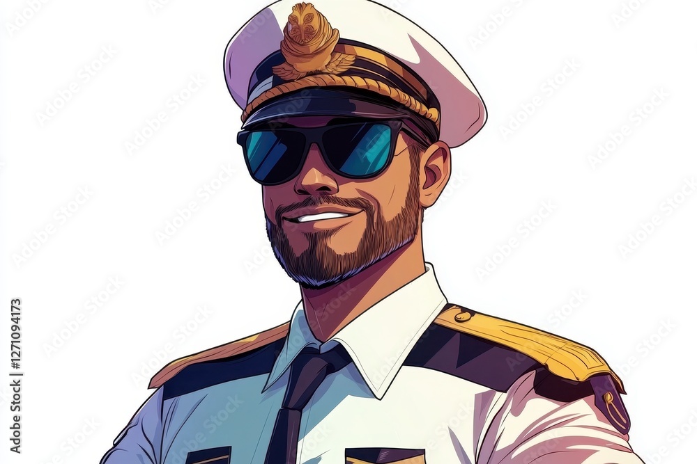 Confident Male Captain in Uniform with Sunglasses and Hat Confident Male Captain in Uniform with Sunglasses and Hat