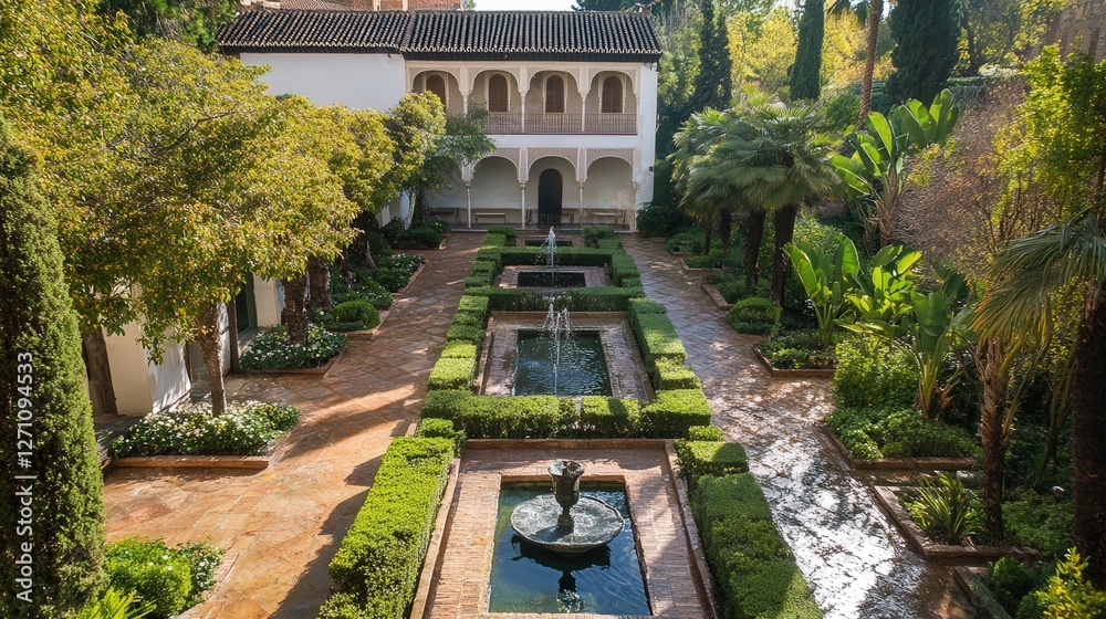 Fototapeta premium Islamic tile work, flowing fountains, and lush courtyards showcase Moorish architectural brilliance.