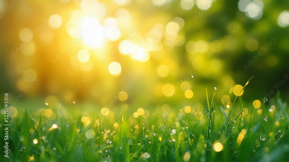 Obraz premium Zbliżenie świeżej zielonej trawy z porannymi kroplami rosy i rozmytym tłem światła słonecznego