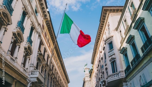 Wallpaper Mural Italian flag waving above the lively streets of Milan. Torontodigital.ca