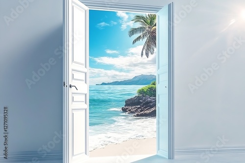Open Door Leading to a Tropical Beach with Palm Trees and Clear Blue Water : Generative AI