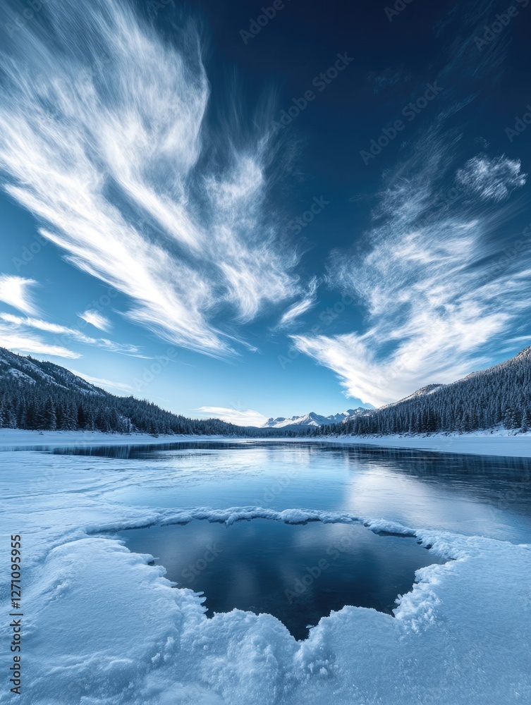 A serene, snow-covered mountain landscape with a frozen lake at the heart. A serene, snow-covered mountain landscape with a frozen lake at the heart.