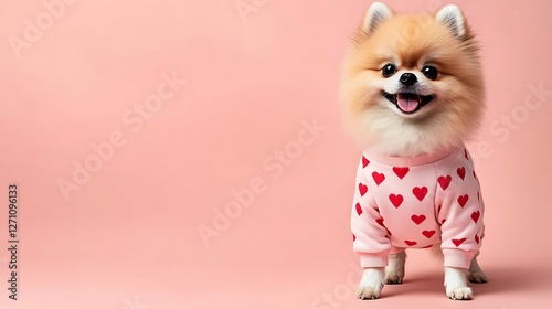 Happy Pomeranian dog in pink sweater.