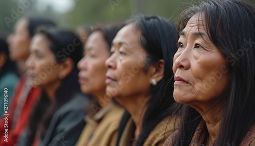 Solemn indigenous women in row look up. National Day for Truth, Reconciliation. Indigenous people seek justice. Remembering residential school survivors, victims, missing children. Native American photo