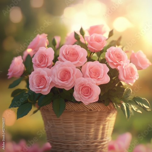 beautiful basket of big pink roses in natural light, creating warm and inviting atmosphere. soft petals and lush green leaves enhance serene setting