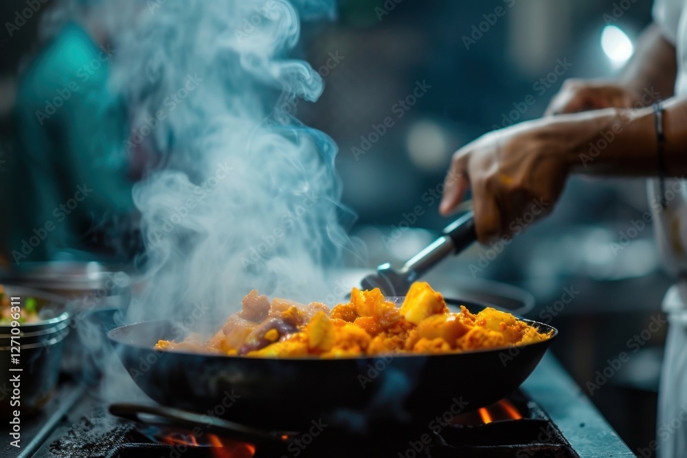 Indian chef cooking food adult midsection. Indian chef cooking food adult midsection.