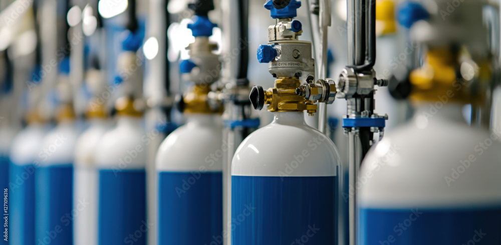 A row of large white and blue oxygen tanks is arranged for distribution in a well-organized industrial setting, showcasing their valves A row of large white and blue oxygen tanks is arranged for distribution in a well-organized industrial setting, showcasing their valves