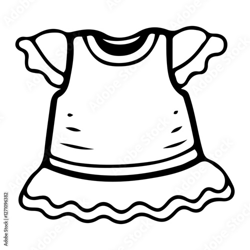 Baby girl dress. Hand drawn doodle. Blouse with skirt. Newborn wardrobe. Party clothes for little child. Childhood. Vector line art illustration.