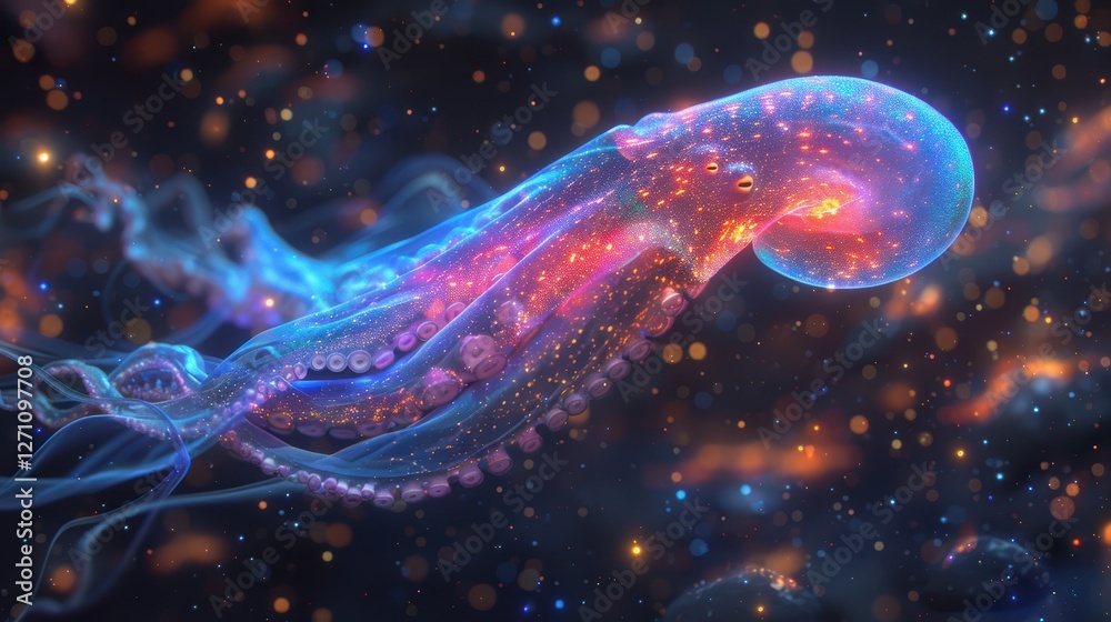 Naklejka premium A vibrant, glowing jellyfish gracefully swims through a cosmic ocean filled with colorful stars