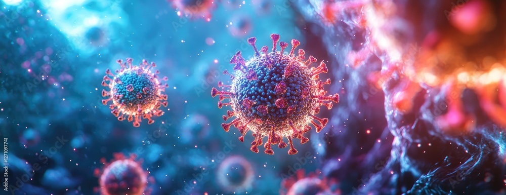Microscopic virus close-up; colorful background; medical research Microscopic virus close-up; colorful background; medical research