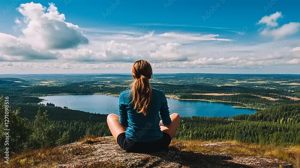 Woman meditating on a rocky ledge overlooking a serene lake surrounded by lush greenery and clouds Woman meditating on a rocky ledge overlooking a serene lake surrounded by lush greenery and clouds