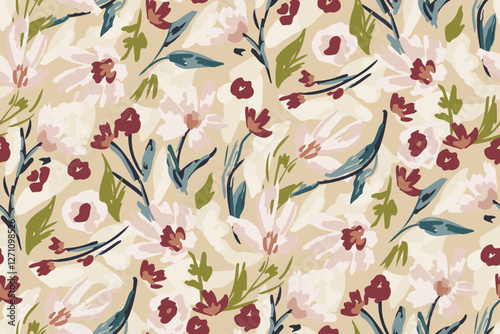 Rich abstract floral seamless  background hand painted with paint strokes.