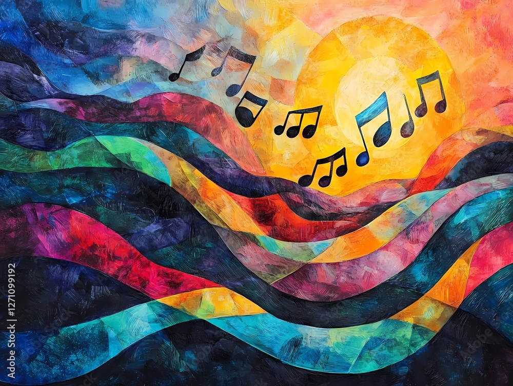 Fototapeta premium Abstract Music Landscape with Floating Notes and Vibrant Waves, Symbolizing Harmony, Creativity, Inspiration, and the Energy of Sound