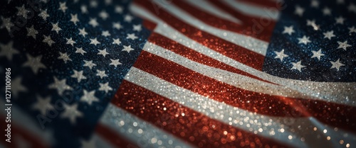 A glowing, out-of-focus American flag with a dazzling glitter overlay, perfect for Memorial or Veterans Day, 4 July, independence day