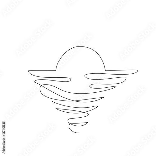 Abstract continuous line drawing of sunset on sea. Simple one line nature illustration