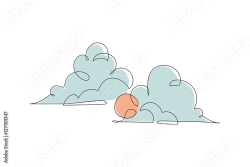 Abstract sun and clouds continuous line art drawing. Cloudy weather concept.