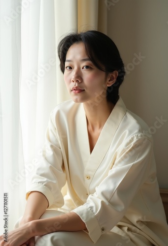 日本の美：短い髪とミニマリストな服を着た中年女性が、窓際の柔らかい自然光の中で入浴し、リラックスした穏やかなスキンケアの美学を放射します。

