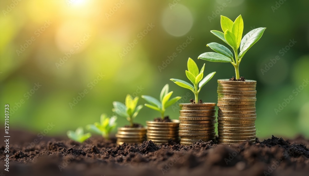 Young plant grows from stack of coins long-term investment growth. Seedling on money pile represents financial planning, wealth accumulation, savings, sustainable future, revenue increase, business Young plant grows from stack of coins long-term investment growth. Seedling on money pile represents financial planning, wealth accumulation, savings, sustainable future, revenue increase, business