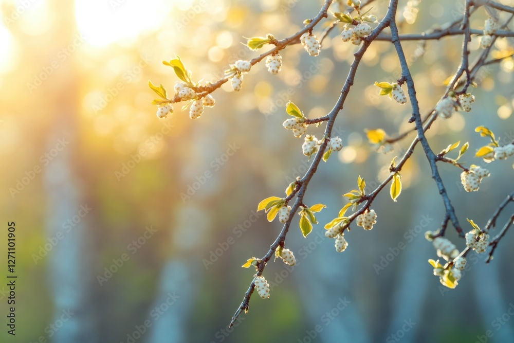 A detailed view of a tree branch adorned with small white flowers, perfect for use in designs about nature, seasons, or botanical themes A detailed view of a tree branch adorned with small white flowers, perfect for use in designs about nature, seasons, or botanical themes