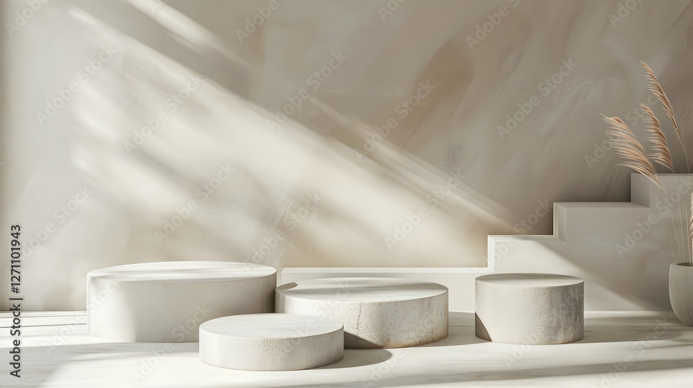 Minimalist interior design featuring circular stone tables and soft sunlight illuminating the space Minimalist interior design featuring circular stone tables and soft sunlight illuminating the space
