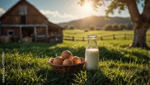 A picturesque farm scene featuring a bottle of fresh milk on a grassy meadow under warm summer sunshine