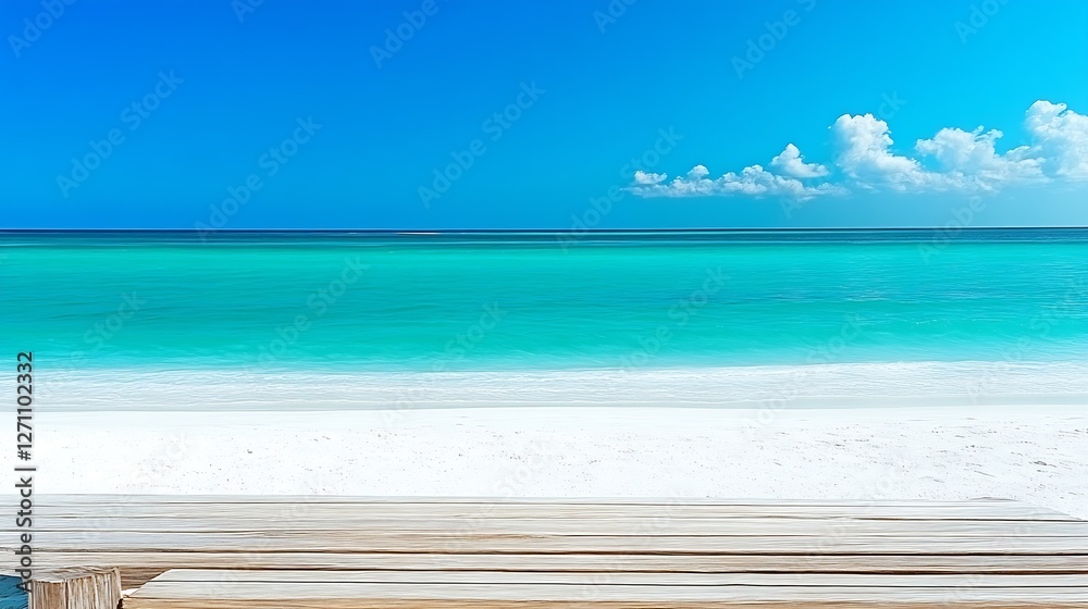 Fototapeta premium Stunning Bright Aquatic View Over Tranquil Beach with White Sand Under Crystal Clear Blue Sky : Generative AI