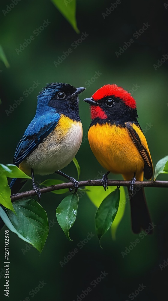 Obraz premium Two colorful birds sitting on leaves, one blue bird and the other red, black, and yellow in color, on a branch, with a green background