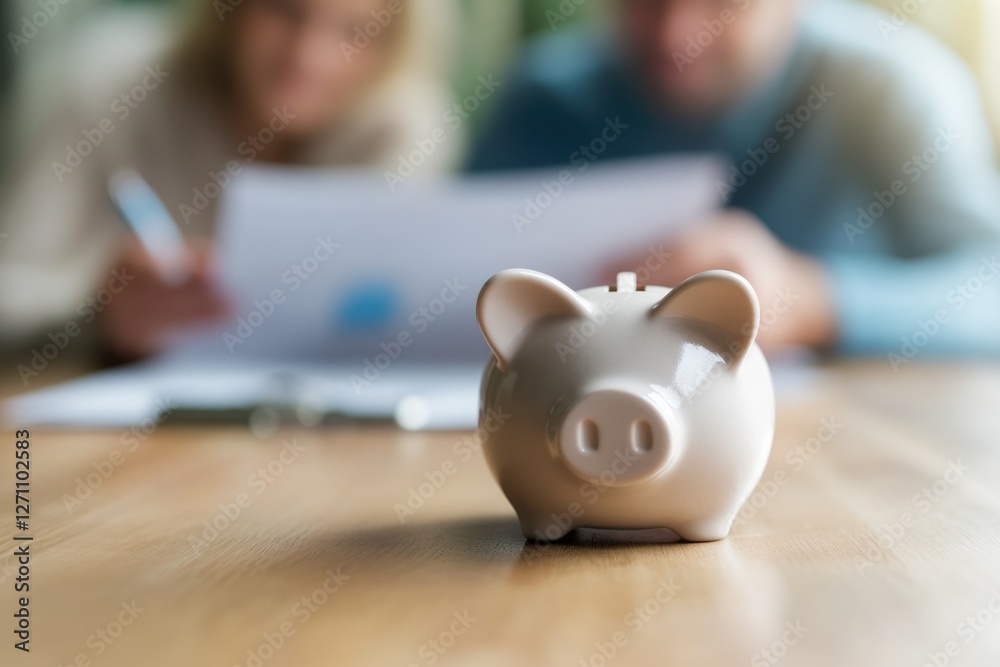 A piggy bank sitting on a wooden table, ready to collect coins A piggy bank sitting on a wooden table, ready to collect coins