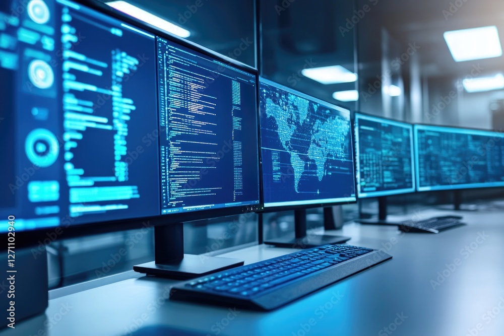 Row of computer monitors on a desktop surface