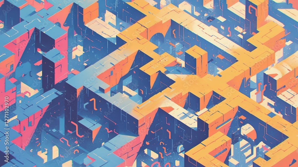 Naklejka premium Isometric abstract city with interconnected buildings and pathways, data flow concept