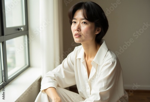 シンプルさの中にある美しさ：短い髪とミニマリストな服装の中年の日本人女性が、柔らかい自然光のある窓際でリラックスし、穏やかでスキンケアに焦点を当てた美学を紹介します。

