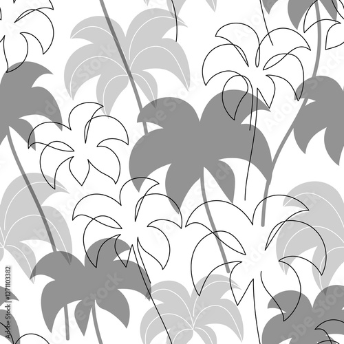 Abstract tropical background with coconut palm tree continuous art, silhouette