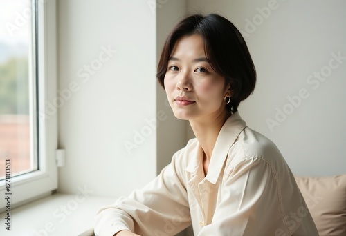 スキンケアの美学：短い髪とミニマリストな服を着たリラックスした中年の日本人女性が、柔らかな照明のある窓際に座り、穏やかなベージュと白のカラーパレットで捉えられています。

