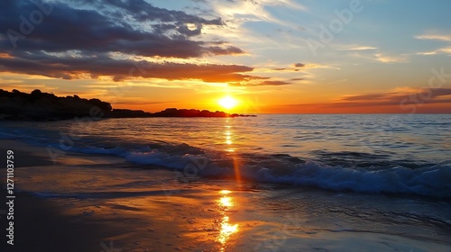 Stunning sunset view over a calm beach creating a peaceful atmosphere with soft waves : Generative AI