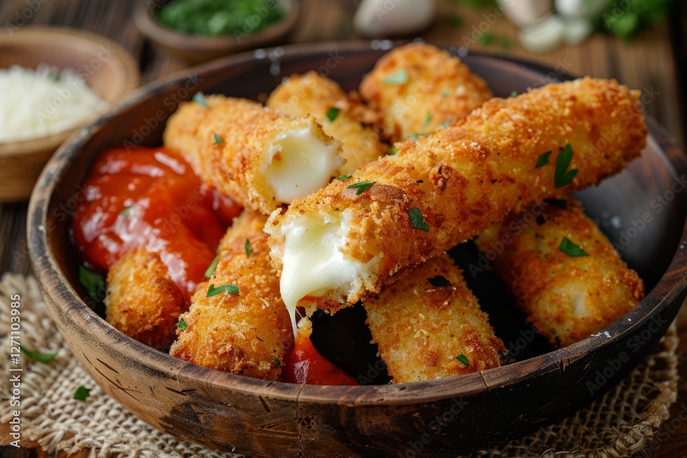 Crispy mozzarella sticks with dipping sauces. AI image Crispy mozzarella sticks with dipping sauces. AI image