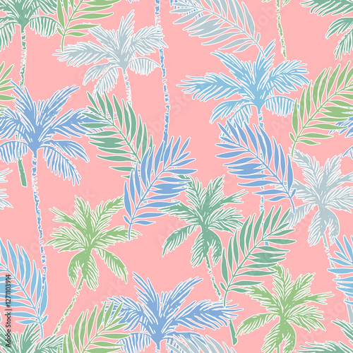 Colorful vivid palm tree silhouettes, outlines seamless pattern.