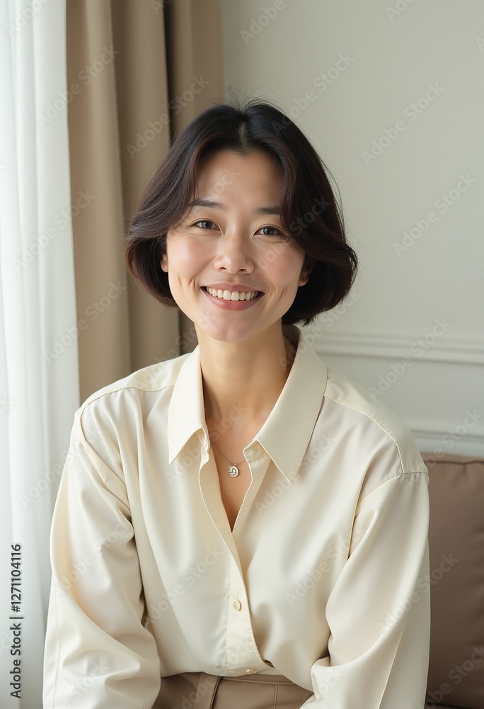 ミニマリストの静けさ:柔らかい自然光の中で窓際に座っている、短い髪の中年の日本人女性の美容ポートレート。ベージュと白のカラースキームで、リラックスしたスキンケアの美学を強調。
ミニマリストの静けさ:柔らかい自然光の中で窓際に座っている、短い髪の中年の日本人女性の美容ポートレート。ベージュと白のカラースキームで、リラックスしたスキンケアの美学を強調。