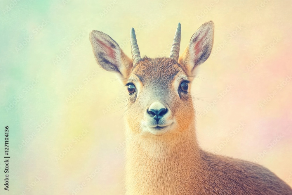 Obraz premium This is a close-up image of a deer looking directly at the camera. The animal has prominent brown and white spots across its body, with two long curved horns on top of its head.