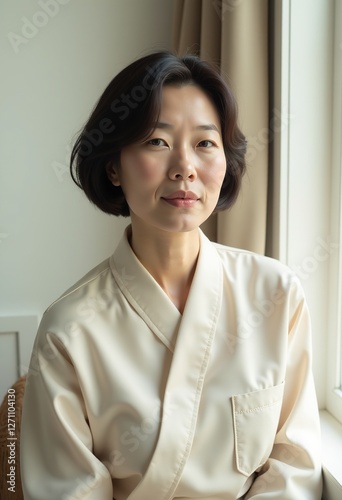 穏やかな美しさ：短い髪でミニマリストな服を着た中年の日本人女性が、柔らかい自然光の中で窓際に座り、スキンケアの美的ポートレートのためにベージュと白のカラーパレットで捉えられています。

