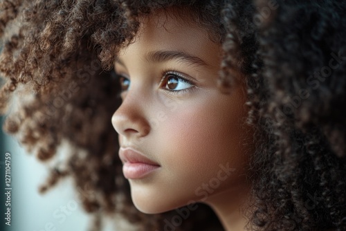 Close-up photo of a young child with curly hair, smiling at the camera