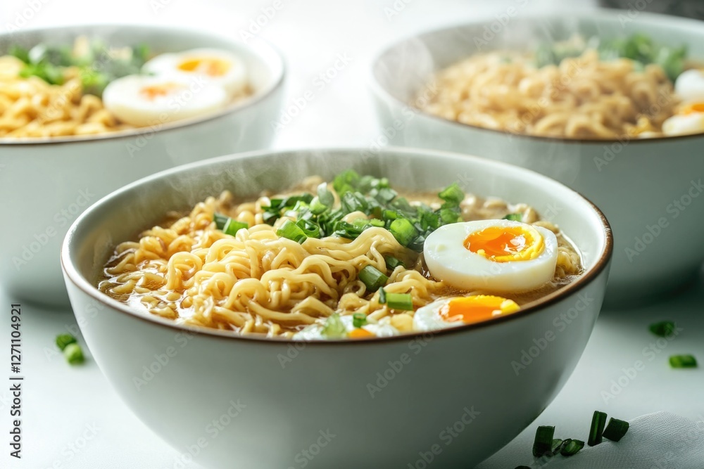 Asian-style noodles with a boiled egg on top, served in two bowls Asian-style noodles with a boiled egg on top, served in two bowls