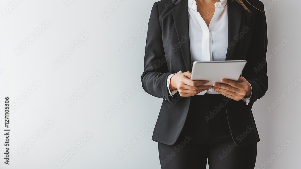 Confident businesswoman in suit holding tablet, isolated on white background Confident businesswoman in suit holding tablet, isolated on white background