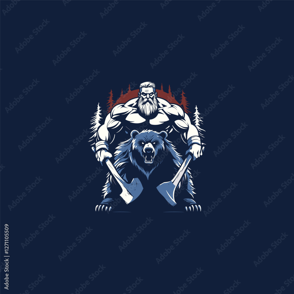 Obraz premium Lumberjack with bear in the forest design vector template illustration