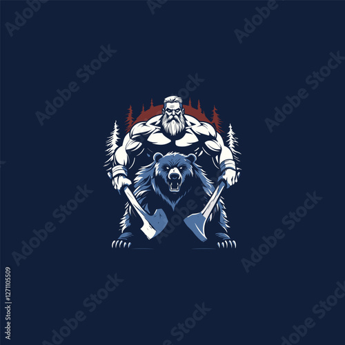 Lumberjack with bear in the forest design vector template illustration