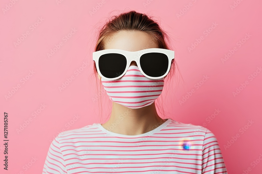 Person Wearing Sunglasses and Mask Against Pink Background Person Wearing Sunglasses and Mask Against Pink Background