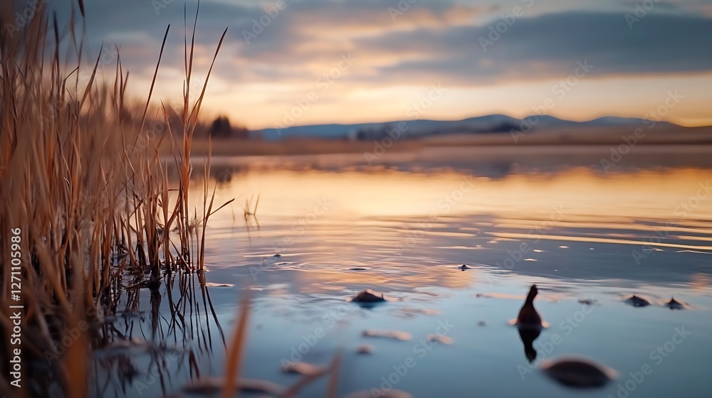 Tranquil sunset over calm water with reflections of reeds and mountains in the background : Generative AI Tranquil sunset over calm water with reflections of reeds and mountains in the background : Generative AI